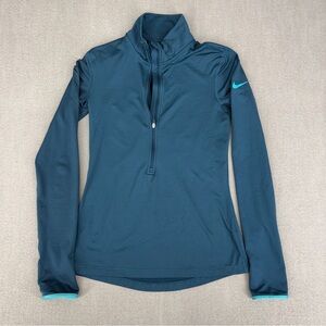 Nike Pro Top Womens S Shirt Teal Hyperwarm 1/2 Zip Running Gym Workout Thumbhole